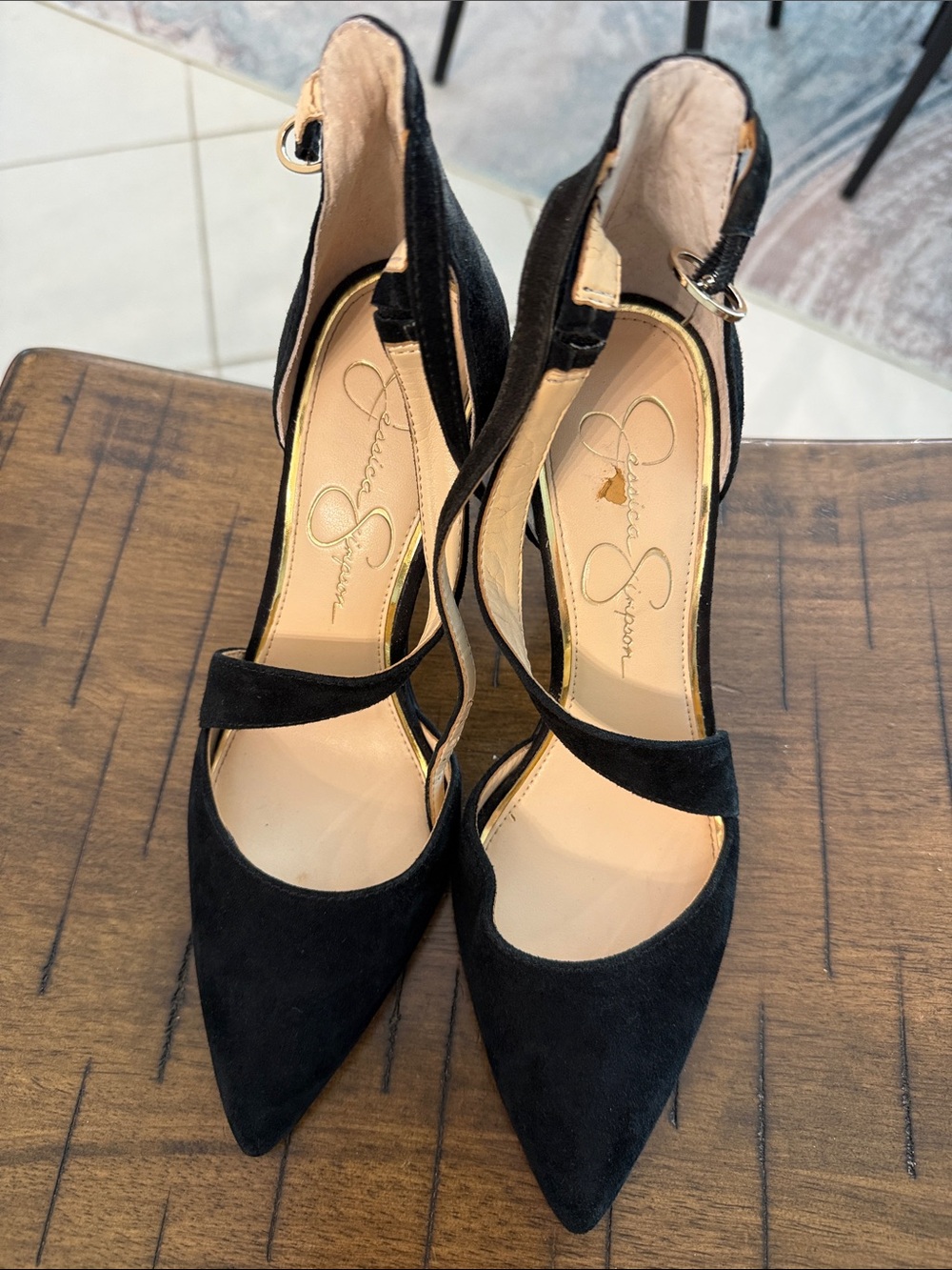 Jessica Simpson Black Pointed-Toe Ankle-Strap Pumps with Cross Band